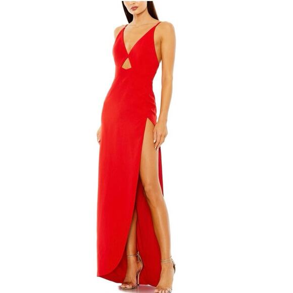 Ieena for MacDuggal Red Gown- size 4-style 27434 column, V-neck cutout,long - Picture 1 of 8